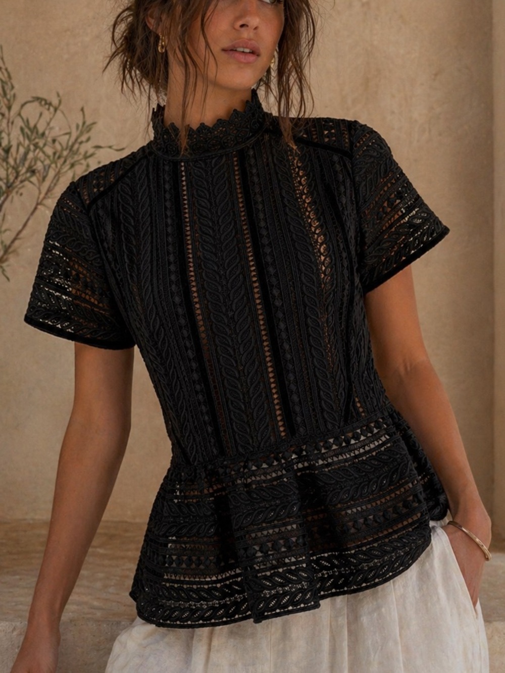Perseverance London Black Lace Victorian High Neck Peplum Blouse Size 10
